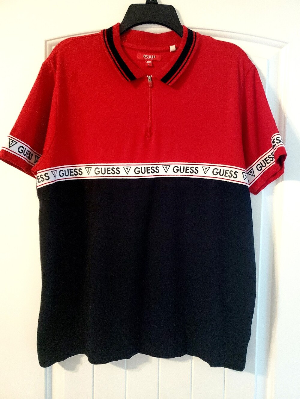 GUESS Red and Black Half‑Zip Polo with Branded Tape